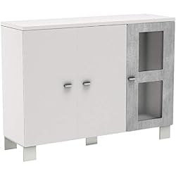 Vladon Buffet Armoire Denjo, Corps en Blanc Mat/Façades en Blanc Haute Brillance et Aspect Béton Oxyde
