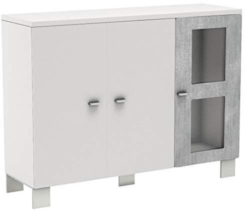 Vladon Buffet Armoire Denjo, Corps en Blanc Mat/Façades en Blanc Haute Brillance et Aspect Béton Oxyde