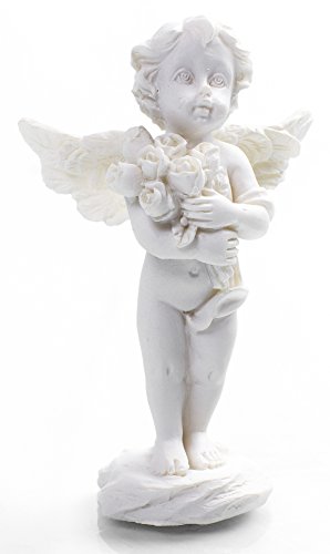Engel Figur Engelsfigur mit Rosen-Strauß 7 cm stehend (Weiss, Blumen in beiden Händen)