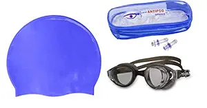 Majik Swimming Pool Wear UV Protection Goggles with Swim Caps Earplugs for Men Women and Kids Teenagers 20 Grams Pack of 1 (L Blue)