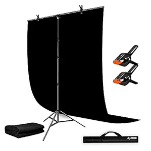 digiMAXX 8X12 black Screen Backdrop with Stand, Portable black Screen background backdrop Kit with 6X9ft Adjustable T-Shape Background Support Kit for Studio Photography with 2 spring clamps and a carry bag for Video Zoom Streaming Gaming.