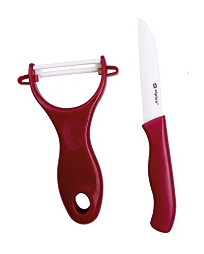 2-teiliges Keramikmesser-Set, Universalmesser mit 7,5cm langer Keramik Klinge und Sparschäler mit Keramikklinge (Rot) - 2