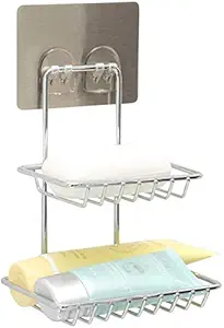 JJ BROTHERS Wall Mounted Double Layer Soap Dish Holder, Wall Hanging Soap Storage Rack for Kitchen Bathroom-with Self Adhesive Magic Sticker, Stainless Steel(Silver)