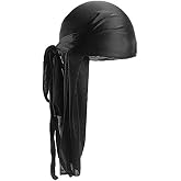 Uniseks Saten Kumaş Durag Bandana, Siyah, Uzun Kuyruklu Kafa Bandı