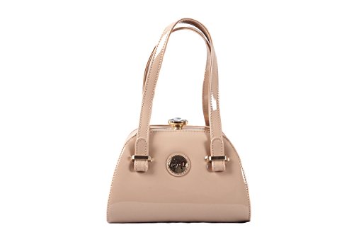 Beige Nude Patent Designer Structured Handbag with Diamante Clasp by Peach
