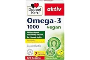 ‎DOPPELHERZ Doppelherz Omega-3 1000 vegan - Hochdosierte Omega-3-Fettsäuren EPA und DHA aus pflanzlichem Algenöl - 120 kleine, leicht schluckbare Kapseln