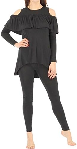 Ladies Cold Cut Out Shoulder Frill Ruffle Top Womens Lounge Wear Legging Suit (S/M (UK 8-10), Black)