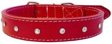 The Paws Diamante Leather Collar, M, 50 cm, Red