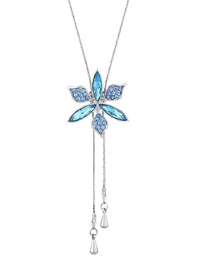 Neoglory Jewellery silber Halskette lang mit Swarovski® Elements Kristall und Strass Blume blau und weiß