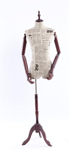 Eurohan Display Mannequin – Newspaper Clip Design Stoffbezogene Upper Body with Wooden Lid, Easily Adjustable Wooden Arms and Hands, Dark Wooden Stand A14-0 Mann