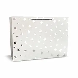 Vestta Gift Paper bag, Silver Stars Foil Stamping, Pack of 10, Weddings, Engagements, Bridal Showers, Diwali, Anniversaries, Birthdays, Christmas (Large(14 Inch (L) x 4.5 Inch (B) x 10 Inch (H)), Silver)