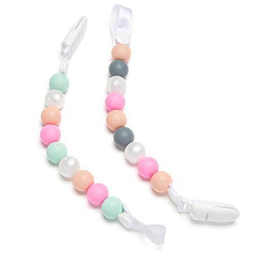 Clip Pacificador de Dientes, Paquete de 2 Diseño de Perlas de Rosa Para Niñas, Sujetador de Silicona Para Chupete, Juguete Para Dientes y Correa de Chupete Para Mantas Para Bebés