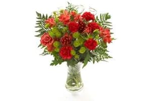 Sendabunch Fresh Christmas Flowers Bouquet - Consists of Chrysanthemums, Red Alstromeria, Red Carnations with Seasonal Foliage - Box of Chocolates and Ebook Guide Included - 10 Day Freshness Guarantee