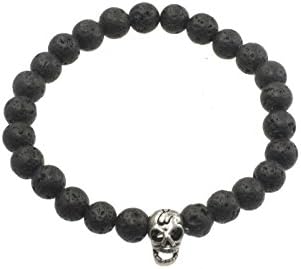 'Elasticated Bracelet with Lava Beads 8 mm Stainless Steel Skull Charm, Length approx 22 cm