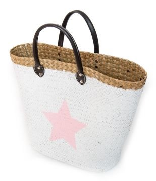 Strohtasche weiß mit rosa Stern Einkaufstasche Strandkorb Strandtasche Bag Shopper - 2