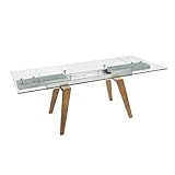 Mesa de comedor de 140X90 de cristal templado de 12 mm transparente extensible., Bonita mesa de diseño con estructura en madera natural y cristal transparente extensible fácilmente desde 140 cm hasta 210 cm.