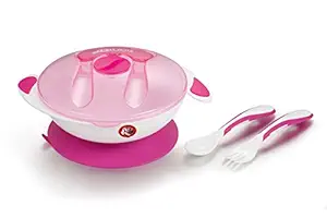 GURU KRIPA BABY PRODUCTS Kids Unbreakable Portable Dispenser Feeding Dish with Cover Spoon and Fork Storage Container Bowl with Vacuum Suction Hold (Pink)
