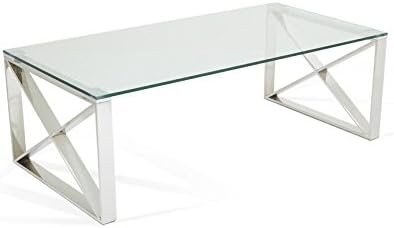 Morris Living Coffee Table - Glass Top With Stainless Steel Stylish Cross Design Base - Deanna