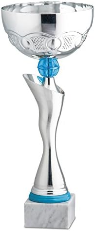 Trophy for premiazioni Sports Cup – Color Silver Smooth Bust Asymmetric with Inserts and Cup Handmade – Sky Blue with Marble Base – H CM 40.5 D CM 16 – Finished – Made in Italy – Gift Idea