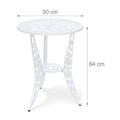 Relaxdays Bistrotisch HBT 64 x 50 x 50 cm Gartentisch aus Aluminium Tisch für Terrasse und Wintergarten Gartenmöbel im Jugendstil mit Blumen Muster, weiß - 