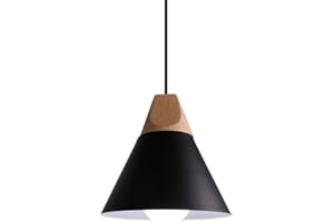 HONGHO WOTTES Lampe Pendante Industrielle Moderne en Bois Avec Abat-Jour en Métal Plafonnier Douille E27 Pour Salon Chambre à Coucher Salle à Manger.(Noir)
