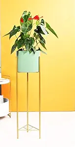 Weston Crafts Metal Plant Stand Flower G I Pot Holder Tall Modern Plant Stands Outdoor Indoor Garden Balcony, Golden Stand, Light Green Pot,Powder Coated