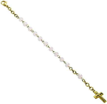 Gold Color Plated Stainless Steel Religious Christian Latin Cross Charm Light Pink Acrylic Bead Blessed Rosary Bracelet