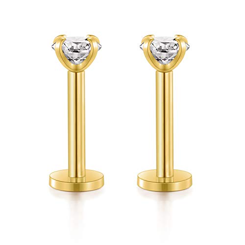 VCMART 2pcs 316L Surgical Steel Cz Labret Lip Bar Chin Lip Rings Piercing 16G 5/16" 8mm Pin(Gold)