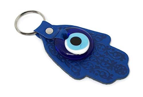Mystic Jewels by Dalia - Llavero Ojo Turco en Forma de Hamsa y en Cristal y Cuero - para buene Suerte y Mal de Ojo - Tamaño 12 X 5 cm (Azul)
