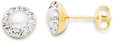 MIOREStud Earrings for Women with White Freshwater Pearls and Crystals Set in Solid Yellow Gold 9 Kt 375- Ear piercing with jewellery box