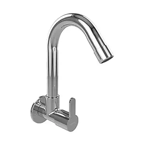 Cera F1015251 Sink Cock With Long Swivel Spout And Wall Flange, Silver, Steel Finish