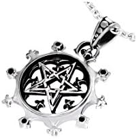 Stainless Steel 2-Tone Star Fleur De Lis Flower Helm/ Wheel Biker Pendant with Jet Black CZ