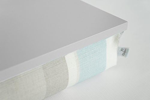 Laptop stand, pastel stripe ottoman tray- light grey tray top with grey, off white and pastel aqua blue stripe structured pillow