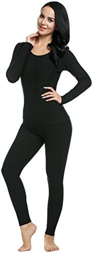 Ekouaer Ladies Thermal Pyjama Set Warm Long Sleeve Base Layer T-Shirt and Pants (M, Black)