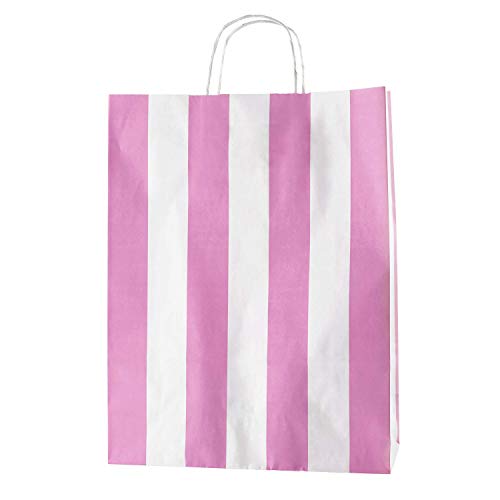 Thepaperbagstore 20 Bolsas De Papel De Colores, Reciclables Y Reutilizables, con Asas Retorcidas, Rayas Blancas y Rosas - Grandes 320x120x410mm
