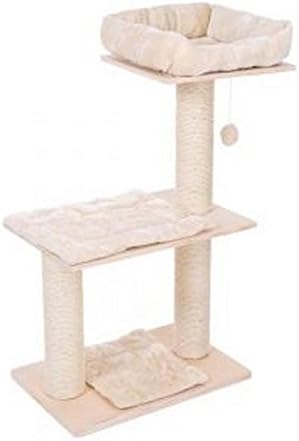 Simple Natural Wood Cat Tree With Thick Sisal Scratching Posts, Removable Cushions and Padded Sleeping Bed. In Neutral Cream Color and Slim Design.