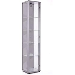Vitrine 176x37x33 cm collection miniature couleur argent avec 4 étagères en verre, avec éclairage