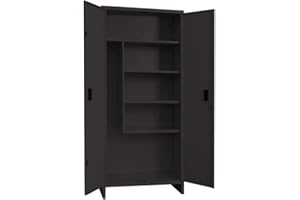 TICKOFFICE Armadio Multiuso Portascope in metallo 4 ripiani, vano porta scope- 2 ante per aziende, uffici, negozi, garage, ripostiglio (180x100x40 cm, Grigio scuro martellato)