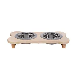 Indipets Wooden Finish High with Two Wide Rim Bowls, 1 Pint/2.25