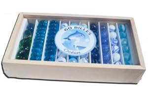 cavernedesjouets Coffret 60 Billes Ocean et mer, Bleu - Couleurs et Formes variees - Dauphin, Requin, Aquarium - Set Jeu Recreation Enfant et Carte