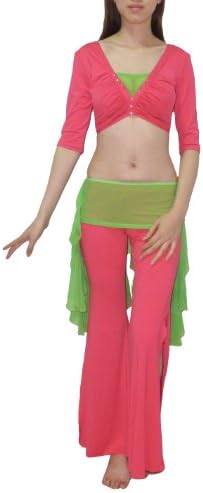 3 PCS SET: Womens Belly Dance 3/4 Sleeve Top, Hip Scarf &amp; Pant Set S-M Pink &amp; Green