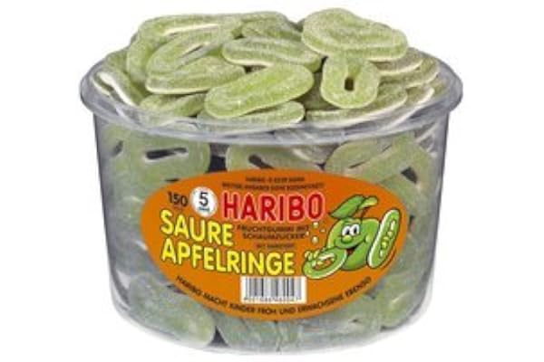 Gelébönor godis – sura äppelringar, set med 150 om du inte vet? De sura kandierten ringarna är mer tunna en Insider Tip, Haribo sortiment. Den läckra fruktiga äppelsmaken, i kombination med syra