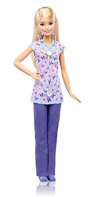 Barbie Métiers poupée infirmière blonde avec blouse, pantalon violet et stéthoscope, jouet pour enfant, DVF57