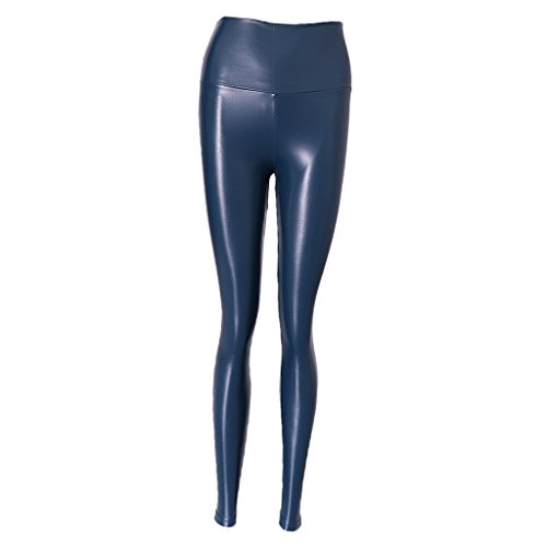 MagiDeal Womens Ladies High Waist Faux Leather Legging Wet Look Shiny Stretchy Tight Pant - Navy, S