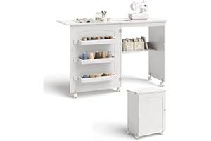 FANTASK 2 in 1 Nähschrank & Schreibtisch klappbar, Nähtisch aus Holz mit 3 Einlegeböden für Spulen & feststellbare Rollen, Weiß
