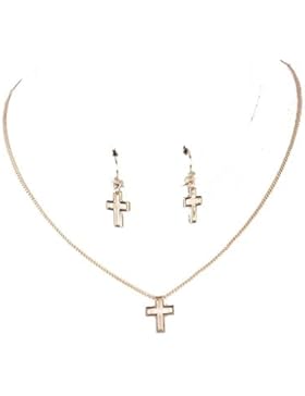 Beyoutifulthings Damen Edelstahl vergoldet Halskette Anhänger Kontur Kreuz Länge 40.6cm und 1 Paar Ohrringe Kontur...