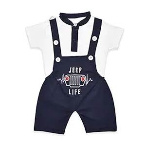 Happykid Cotton Dungaree Set Dress for Newborn Baby Boys, Knitted Fabric, Half Sleeves, Knee Length, Embroidered, Suitable for Casual and Party Wears (Dark Blue, 3-6 Months)