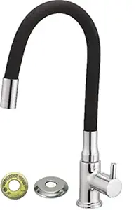 Jagger Turbo Handle Brass Black Color Table Top Flexible Swan Neck tap for Wash Basin, Black Flexible Kitchen Basin tap with 360 Degree Rotating Spout Chrome Finish (with Teflon Tape and Flange)