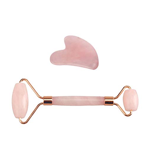 Rolling Massager and Gua Sha Scrapping Tool Set Rose Quartz Face Eye Neck Skin Roller for Anti Aging Wrinkle No Squeaks