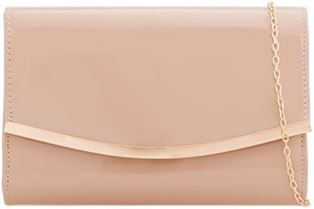 Womens Ladies Faux Patent Leather Foldover Prom Party Evening Dressy Occasion Hand Clutch Bags- M78 (ONE SIZE, NUDE)